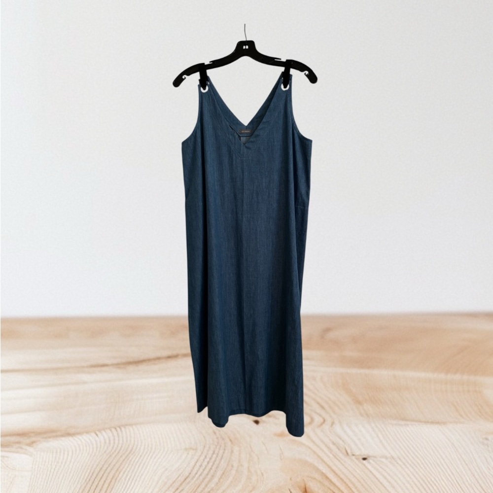 Blue Chambray V-Neck Jumper Dress, Pockets, New, Designer, Grommets
